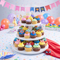Three-tiered cake stand with colorful cupcakes and party decorations on a table.