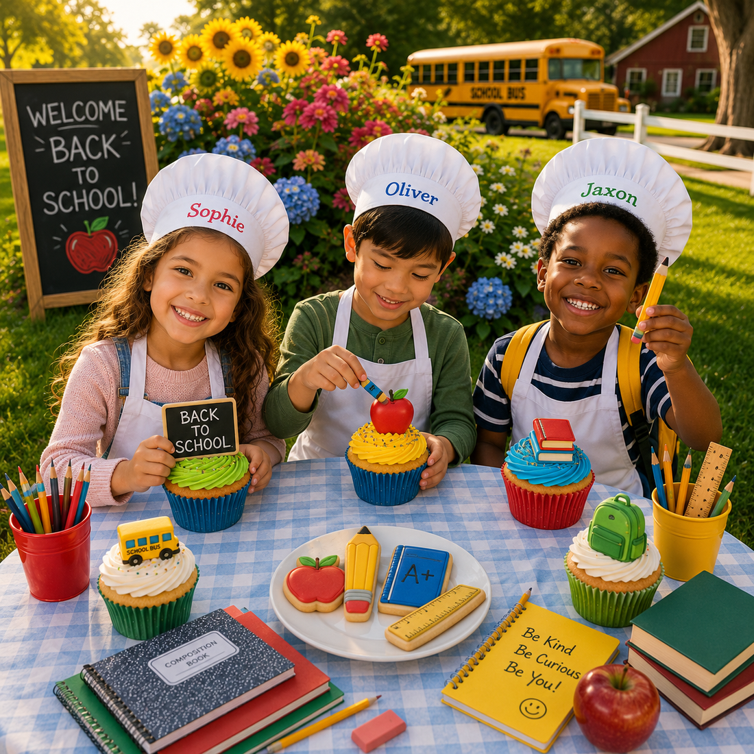 Three children wearing white chef hats and aprons sit at a table outdoors, decorated with school-themed cupcakes, cookies, notebooks, and pencils. A chalkboard sign reads &