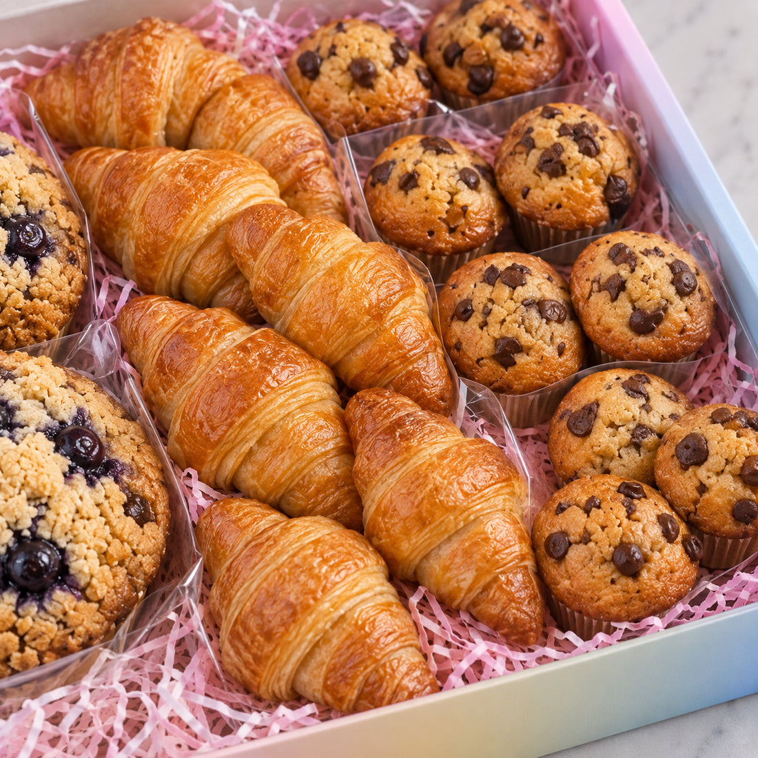 Blueberry muffins with crumb topping and a chocolate chip muffin in pink shredded paper inside a pastel gradient box, with a croissant in the background.