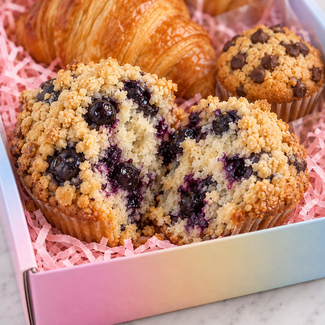 Blueberry muffins with crumb topping and a chocolate chip muffin in pink shredded paper inside a pastel gradient box, with a croissant in the background.