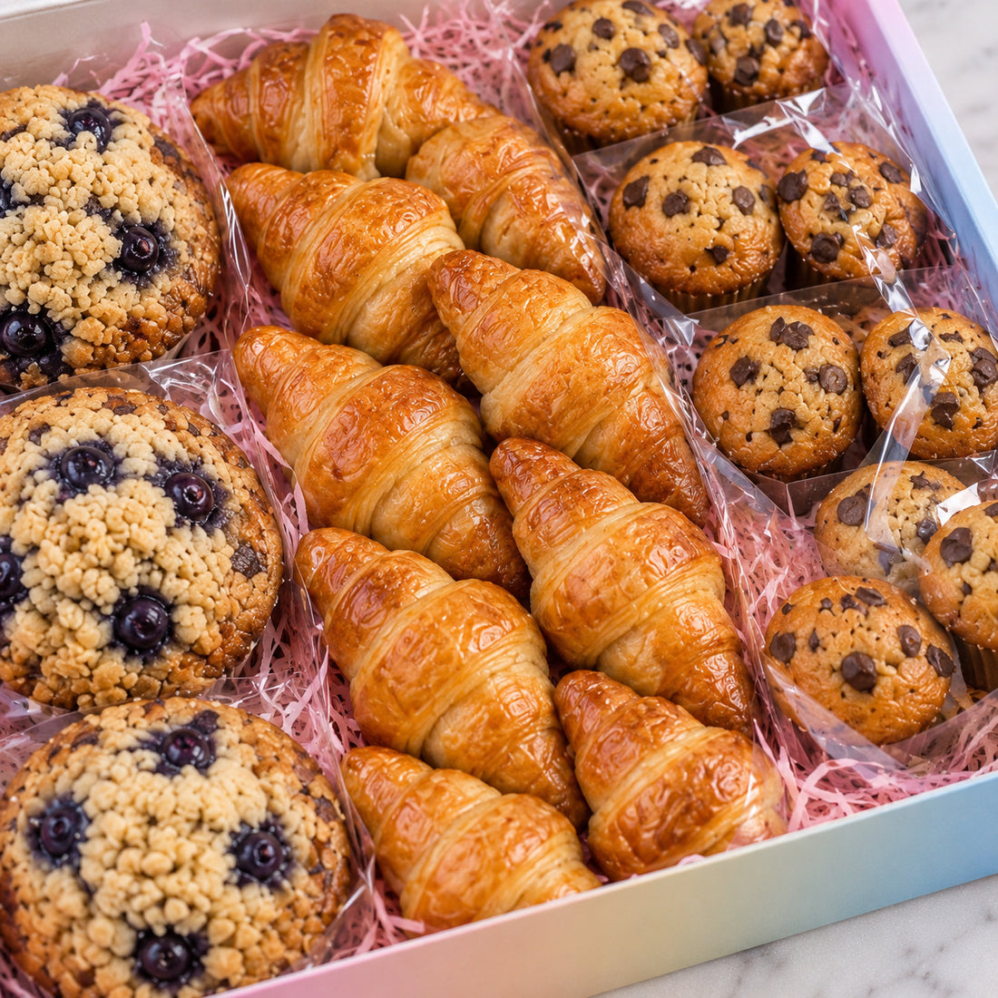 A gift box of assorted baked goods, featuring golden-brown croissants, blueberry muffins, chocolate chip muffins, and blueberry rice muffins arranged in pink shredded paper on a marble surface.