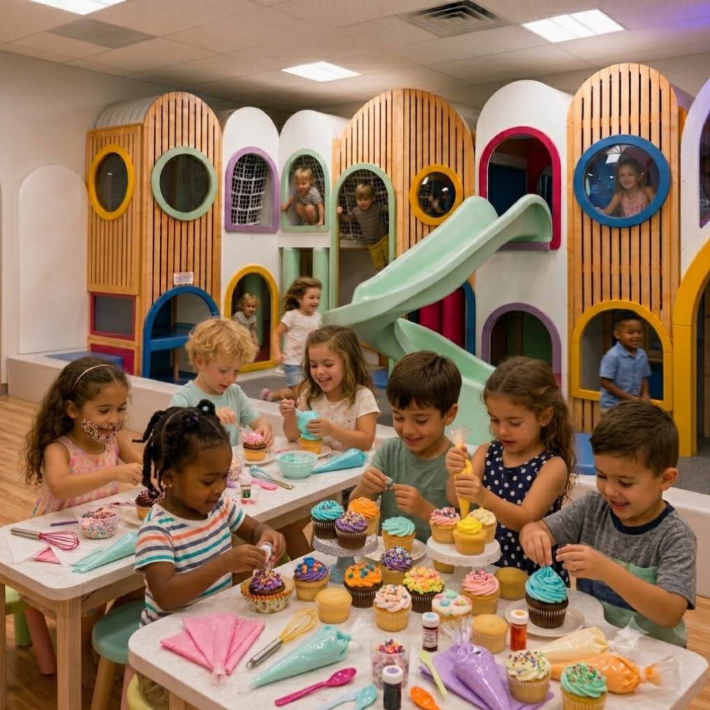A group of children are playing with toy cupcakes and frosting piping tools at small tables in a brightly colored indoor playroom. Behind them is a large wooden arched play structure with windows, a slide, and small openings, with some children visible inside the structure.