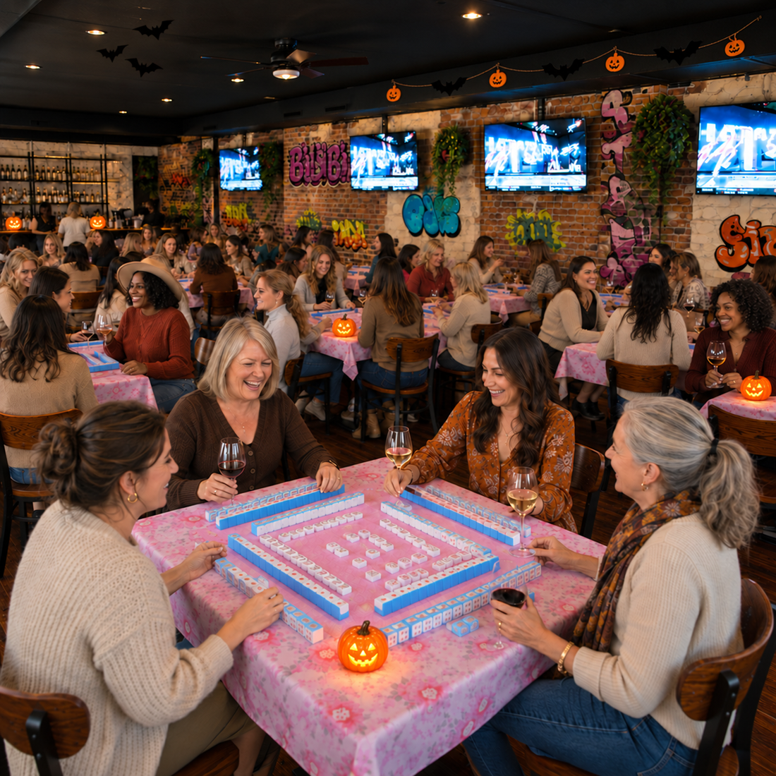 A lively indoor dining or bar scene with multiple groups of people seated at tables, some playing a blue-and-white board game on pink tablecloths. The environment features brick walls, hanging screens, pumpkins, and warm ambient lighting.