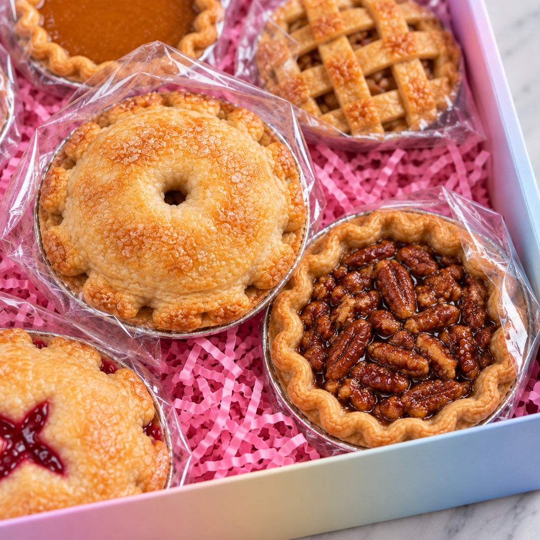 A close-up of assorted mini pies and tarts arranged in a pastel gift box lined with pink paper shred. The pies include a lattice-top pastry, a sugar-topped mini pie, a pecutan tart, and a berry tart, each wrapped in clear cellophane.