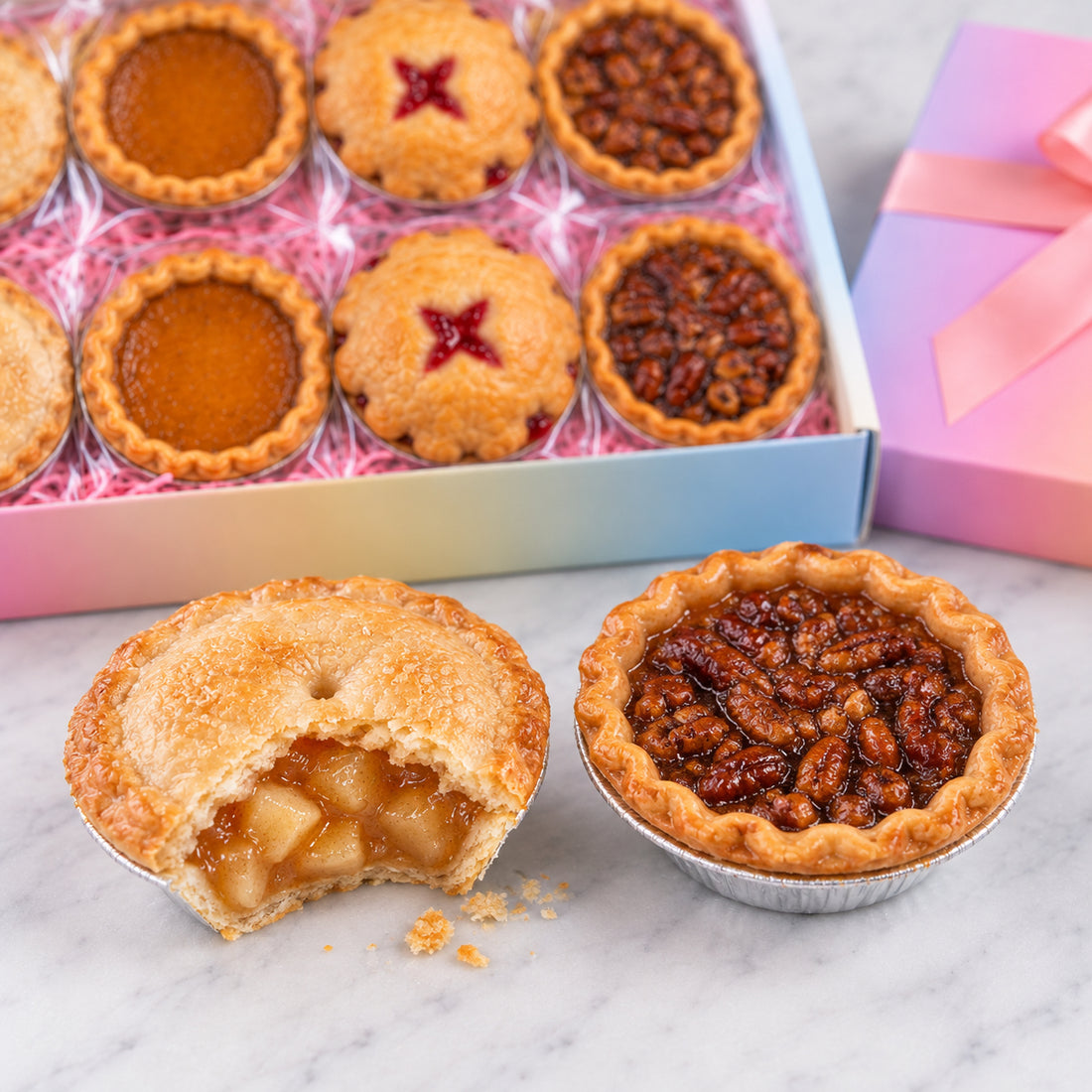 A boxed assortment of mini fruit pies displayed on a marble surface, with one apple pie cut open in front and a pink gift box in the background.