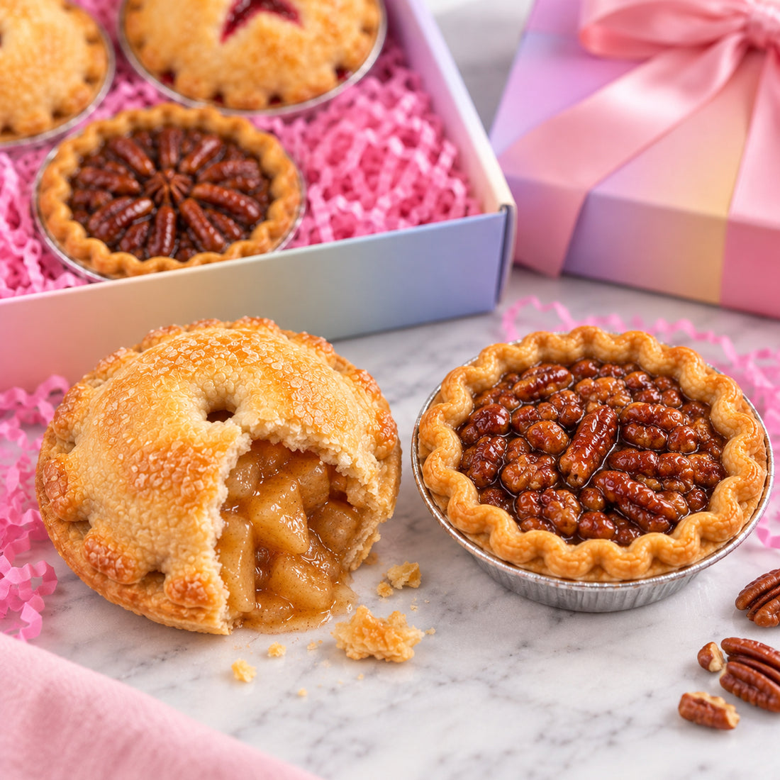 Several small fruit pies arranged on a marble surface with pink shredded paper filler, a gift box, and a wrapped package in the background. One pie is broken open to show a glossy apple filling, and another whole pecan pie sits beside it.