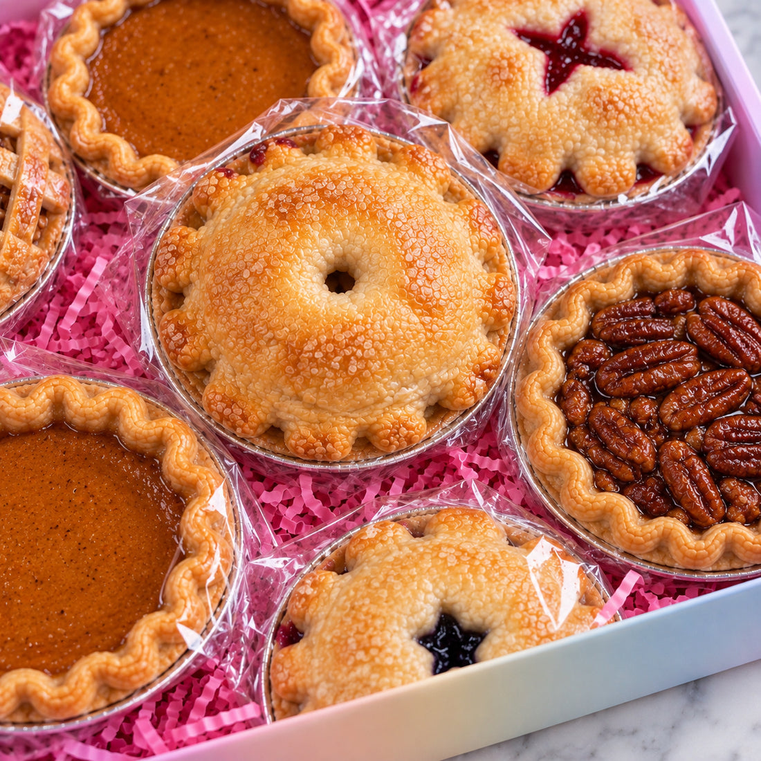 A close-up of assorted mini pies and tarts arranged in a gift box lined with pink paper. The assortment includes pumpkin pie, apple pie, pecan pie, and a lattice-top pie, many wrapped in clear plastic.