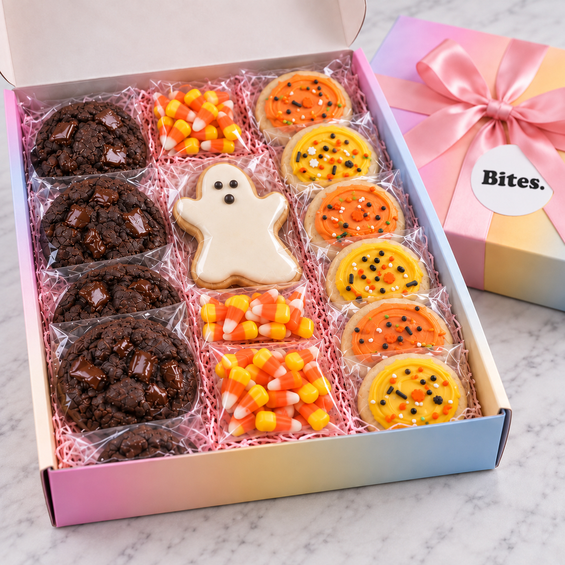 A boxed assortment of Halloween cookies displayed in an open pastel gradient gift box on a marble surface. The cookies include chocolate chip cookies, candy corn pieces, a ghost-shaped cookie, and orange/yellow pumpkin cookies.