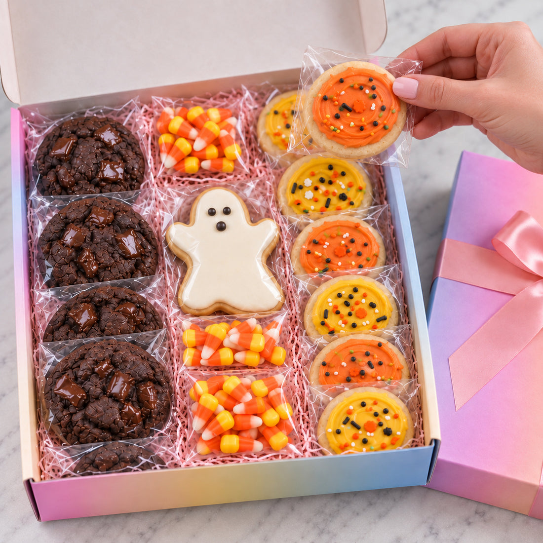 A Halloween-themed cookie gift box filled with assorted decorated cookies, including chocolate chip cookies, candy corn, a ghost cookie, and orange/yellow pumpkin cookies, shown with a hand holding one cookie. The box is open on a light marble surface, with a pink-lavender gift box and ribbon beside it.