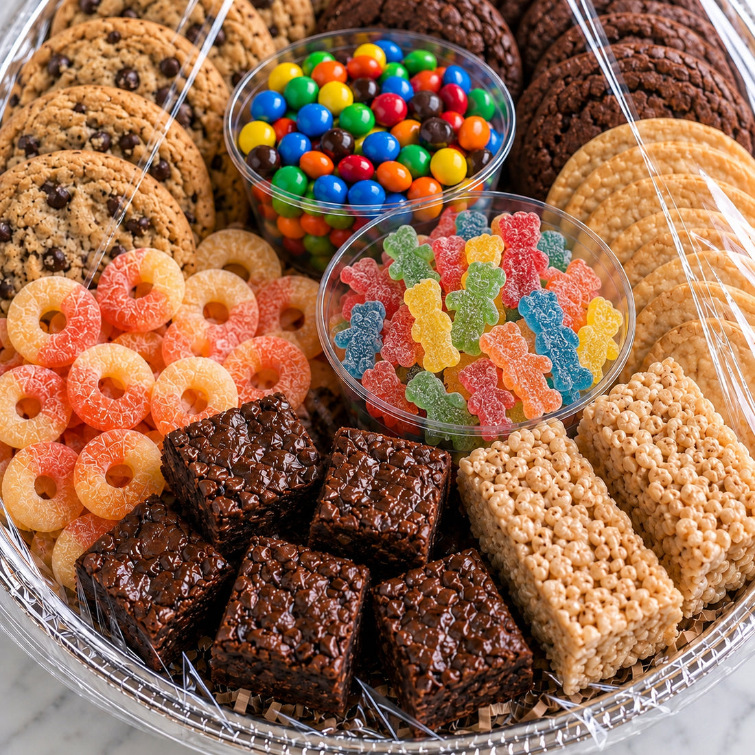 A large clear plastic basket filled with assorted baked goods and candy, including chocolate chip cookies, chocolate squares, Rice Krispers, M&M&