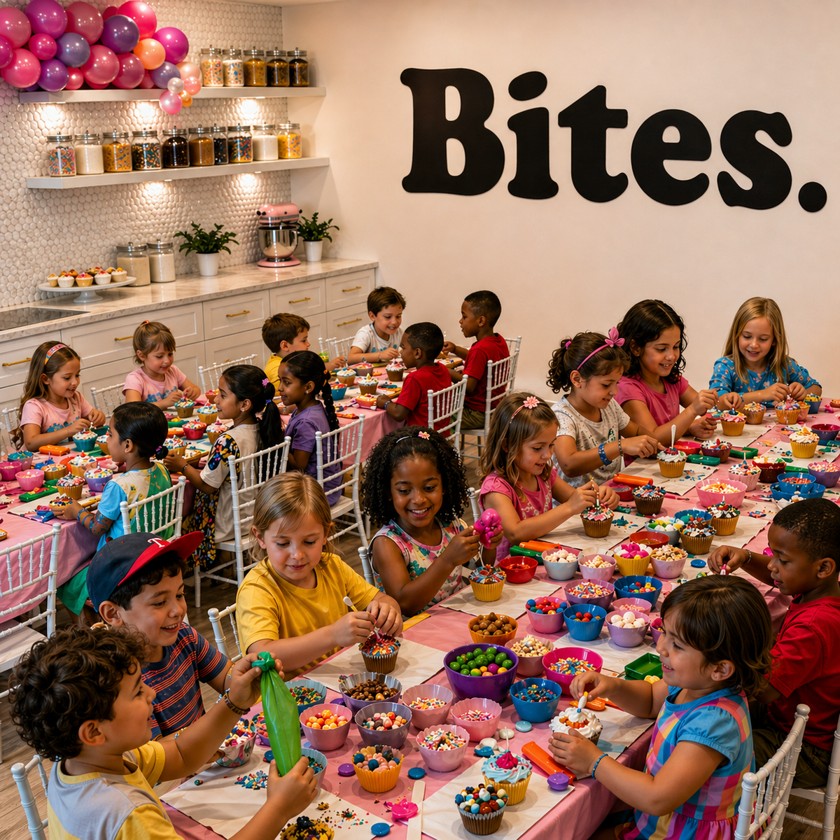 Children at a birthday party with cupcakes and balloons in a room with 'Bites.' branding.