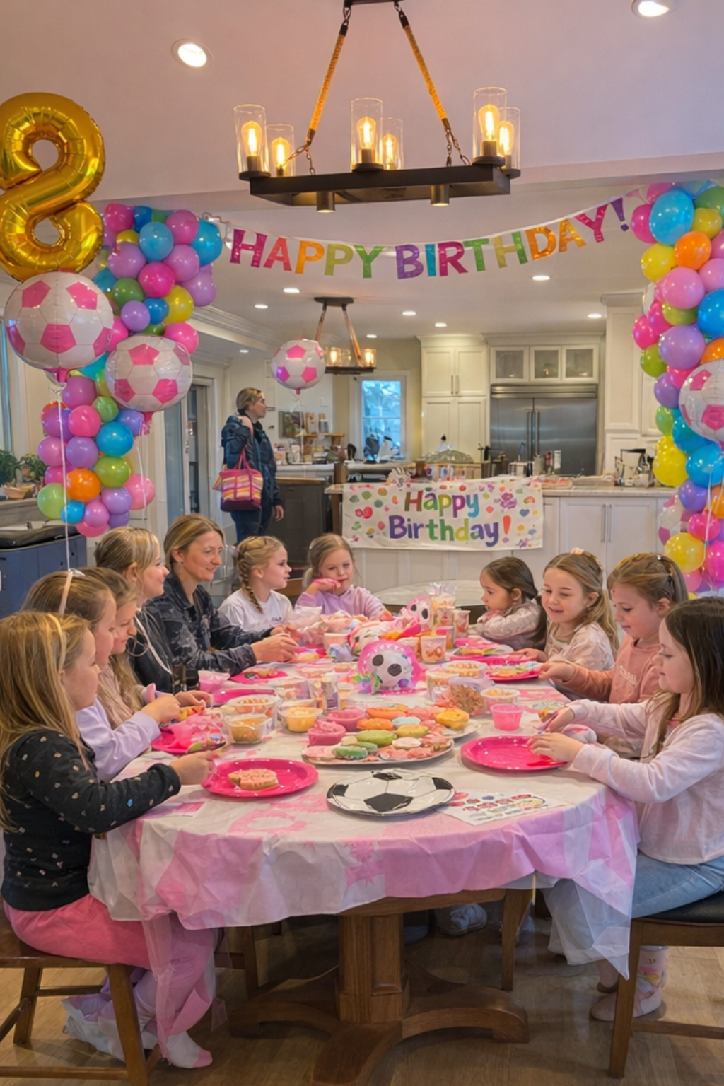 Children celebrating a birthday party with balloons and decorations in a kitchen.