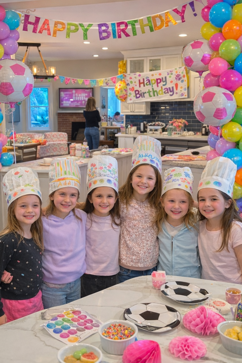Children at a birthday party with balloons, cake, and decorations in a kitchen setting.