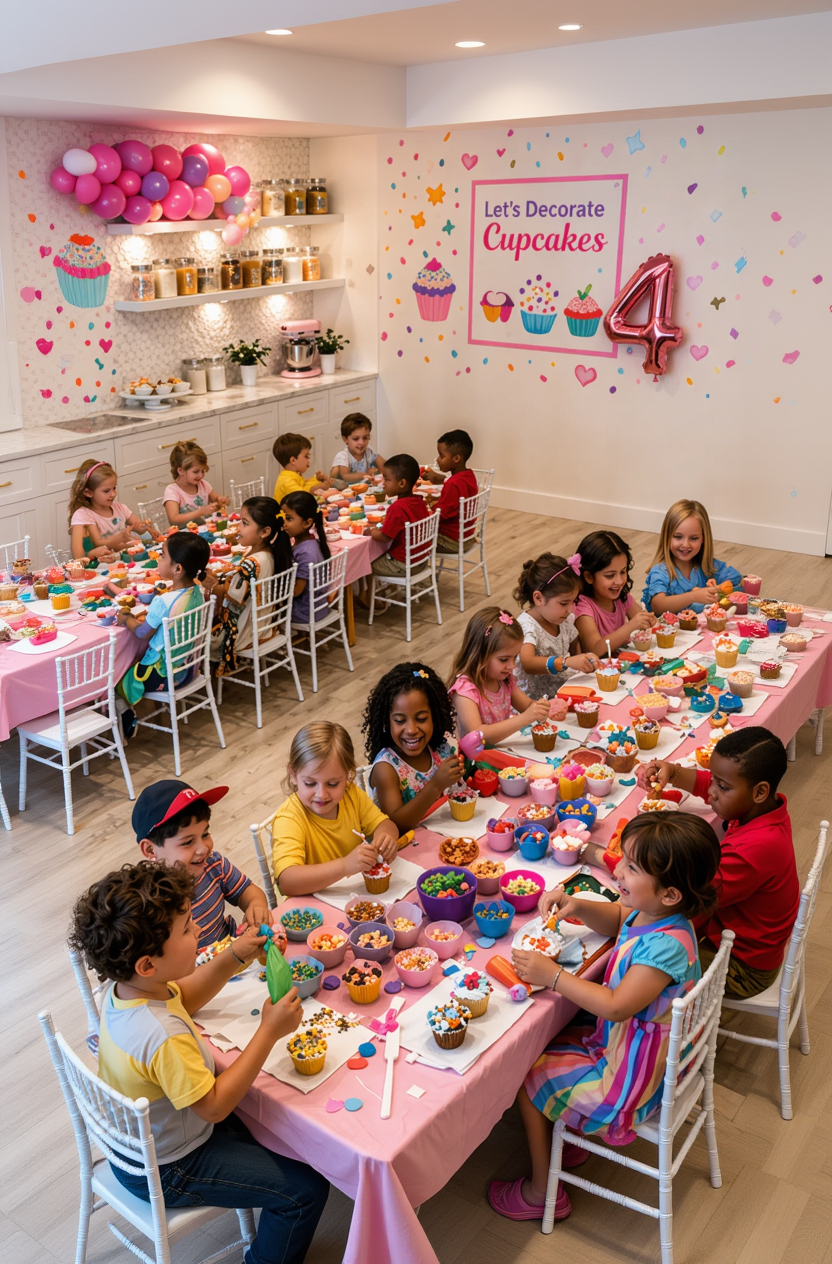 Children decorating cupcakes at a birthday party with balloons and a 'Let's Decorate Cupcakes' sign.