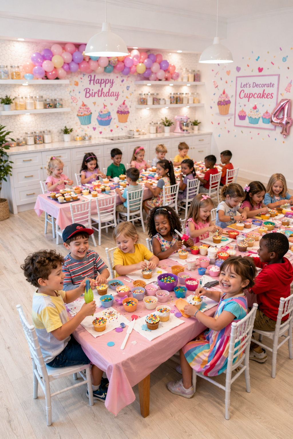 Children at a birthday party in a decorated room with balloons and cake.