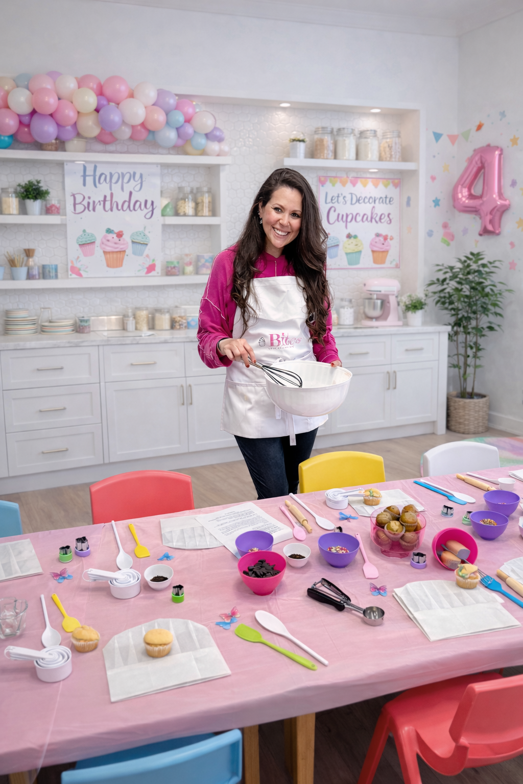 Woman in a kitchen setting with baking supplies and decorations, likely for a birthday party.