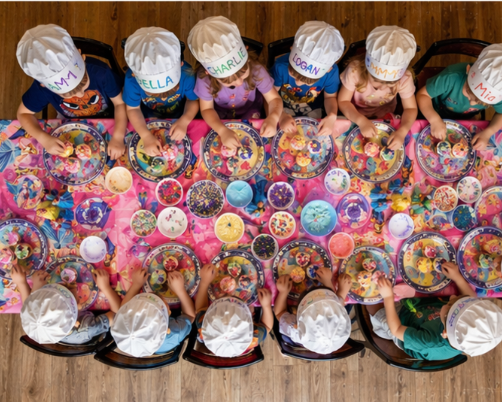 Children wearing chef hats at a table with colorful plates and cake
