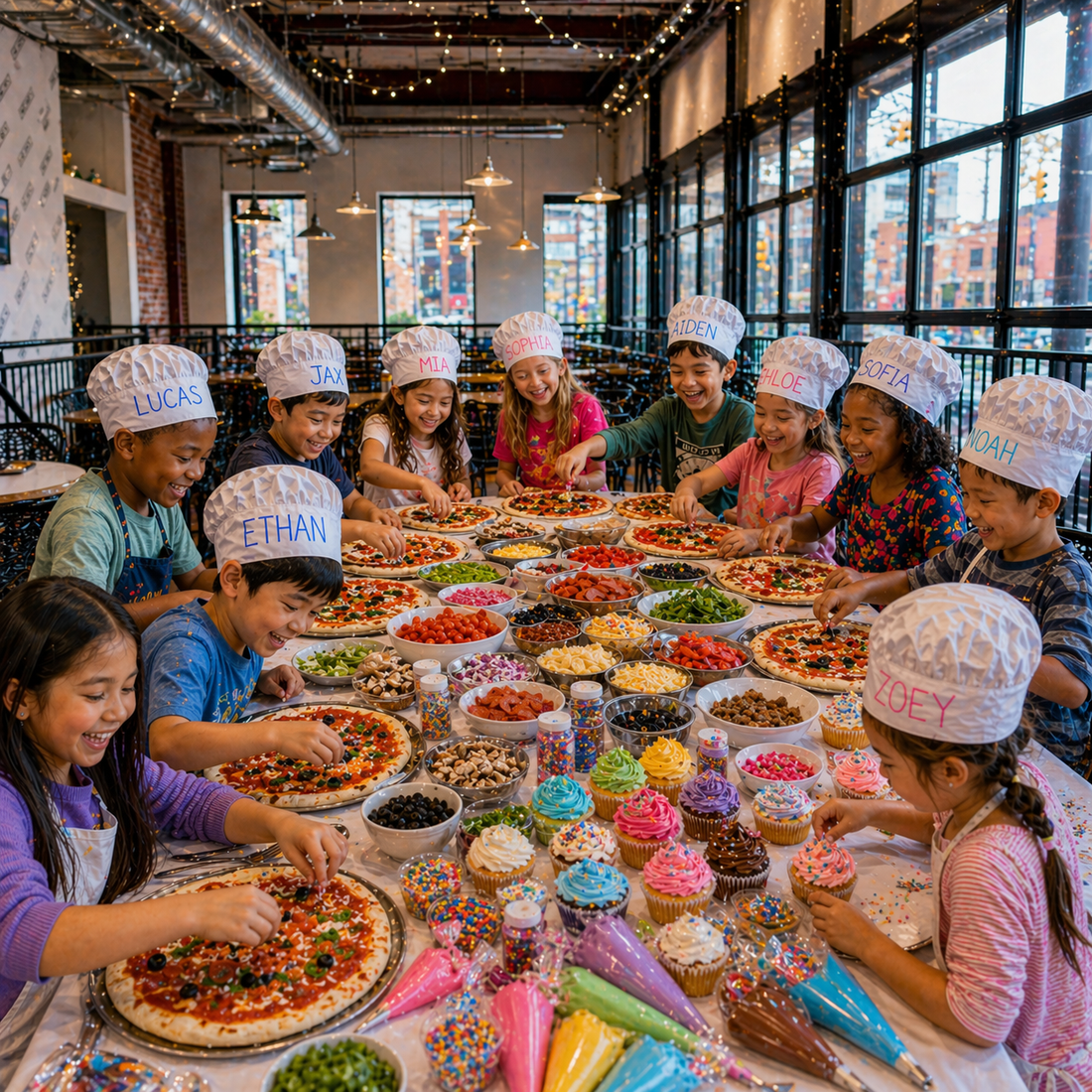 Children making pizzas and decorating desserts for a Bites hosted birthday party at Sally Boys Pizza in Monmouth County, NJ
