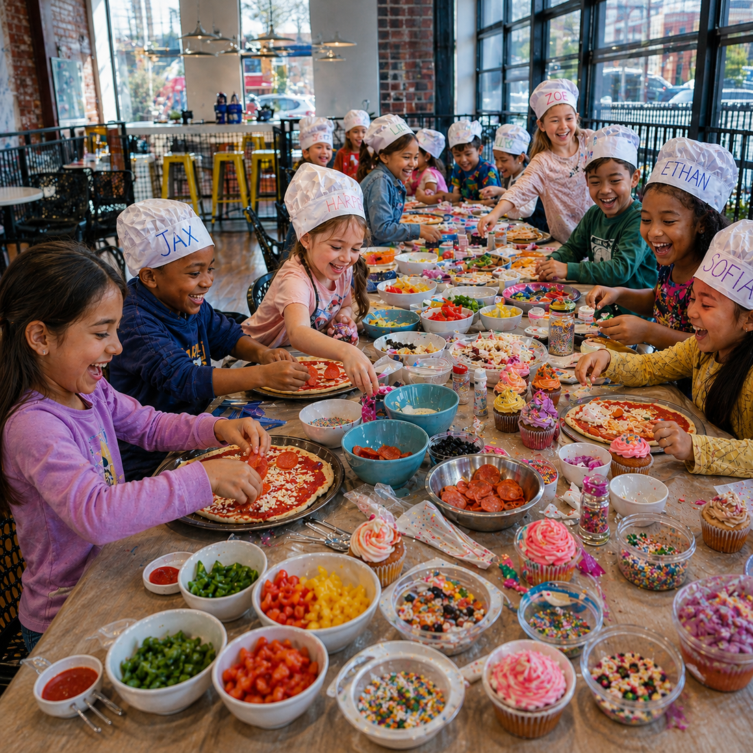 A group of children wearing paper chef hats are gathered around a long table making and decorating pizzas in a bright restaurant kitchen. Bowls of fresh ingredients, sprinkles, and decorated cupcakes are spread across the table.