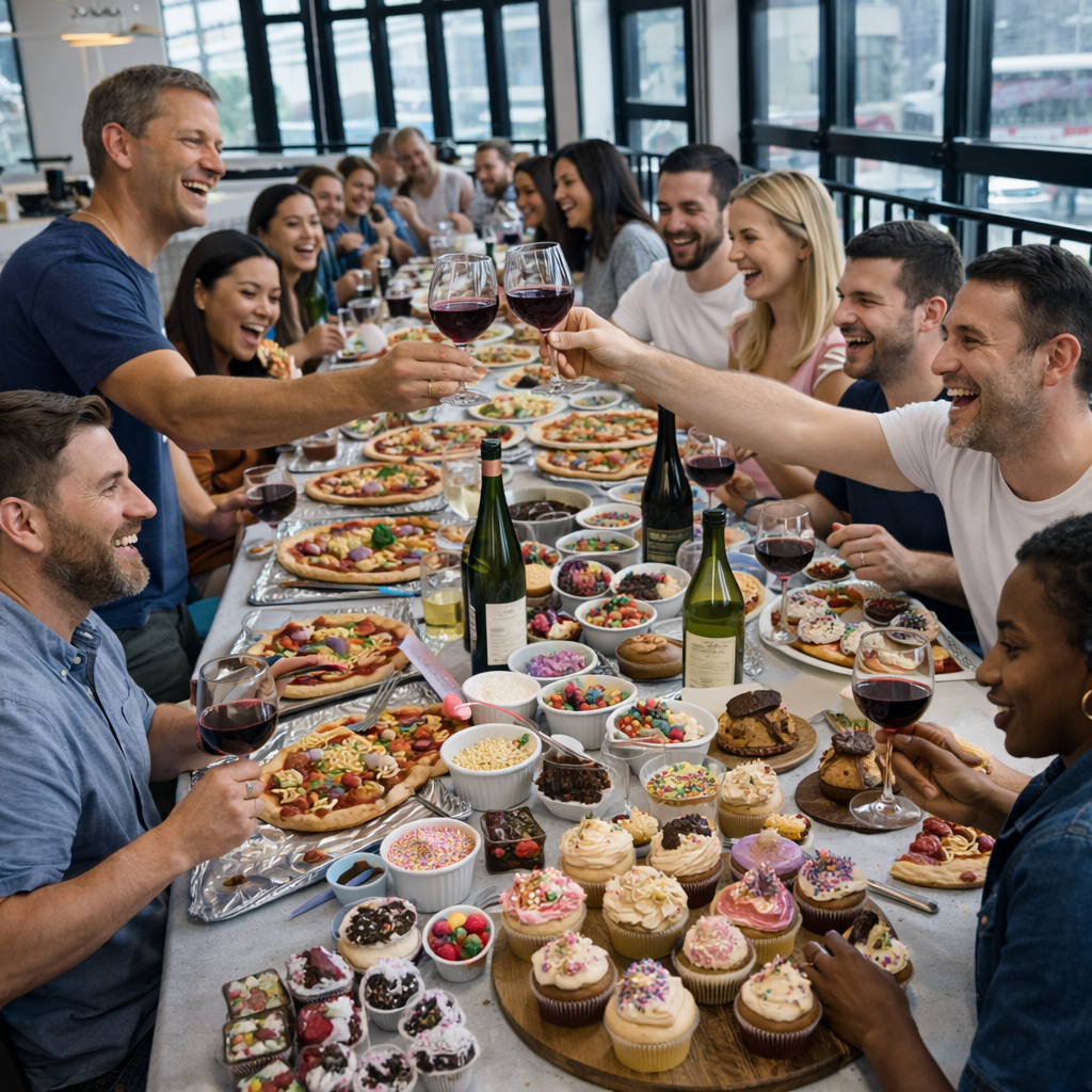 Group of people enjoying a large table filled with food and drinks in a modern setting.