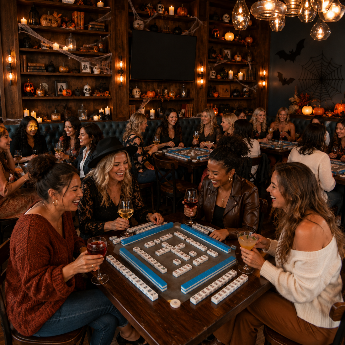 A group of friends gathered around a mahjong table in a dimly lit, cozy Halloween-themed pub or lounge, surrounded by shelves of pumpkins, candles, and spooky decorations.