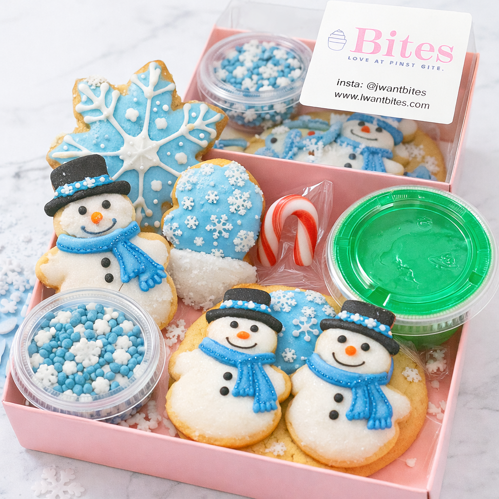 Box of decorated cookies including snowmen and snowflakes with a &