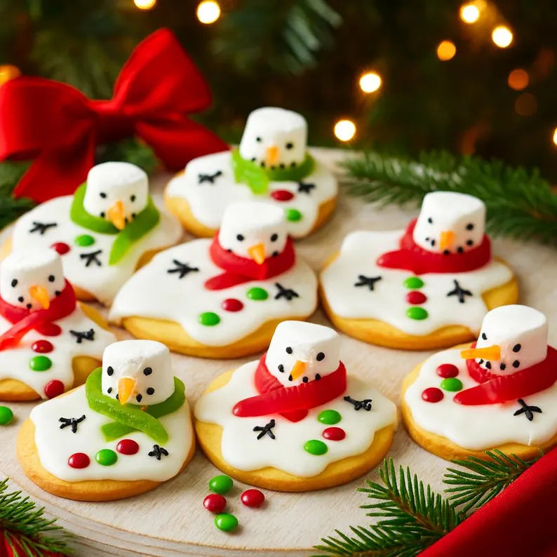 Decorative cookies shaped like snowmen on a wooden board with Christmas decorations in the background.