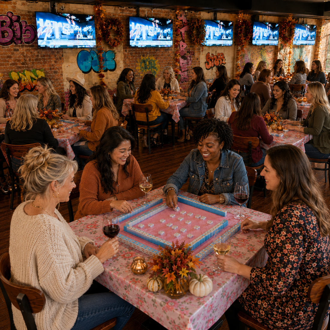 Four women laughing and playing a board game at a table in a lively, decorated bar or restaurant with brick walls, multiple TV screens, and other patrons in the background.